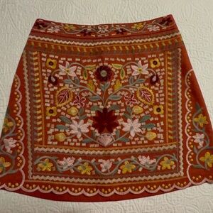 Blue Rain Rust Embroidered A-Line Skirt with Multicolor Floral Motif